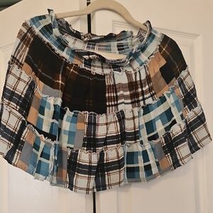 Plaid Mini Skirt in Blue, Brown & White